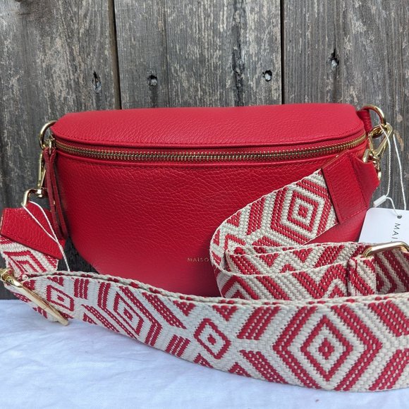 Italian Leather Fanny Pack with 2 Straps | Red Crossbody Waist Bag Real Leather - Picture 7 of 11